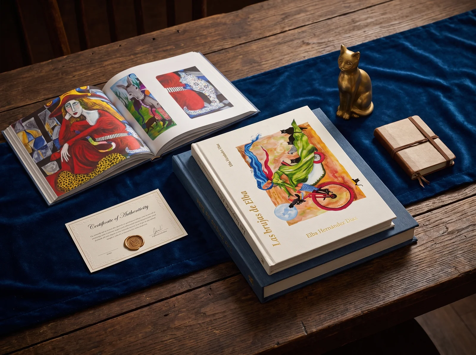 Edición especial física de Las brujas de Elba sobre mesa de madera con certificado de autenticidad